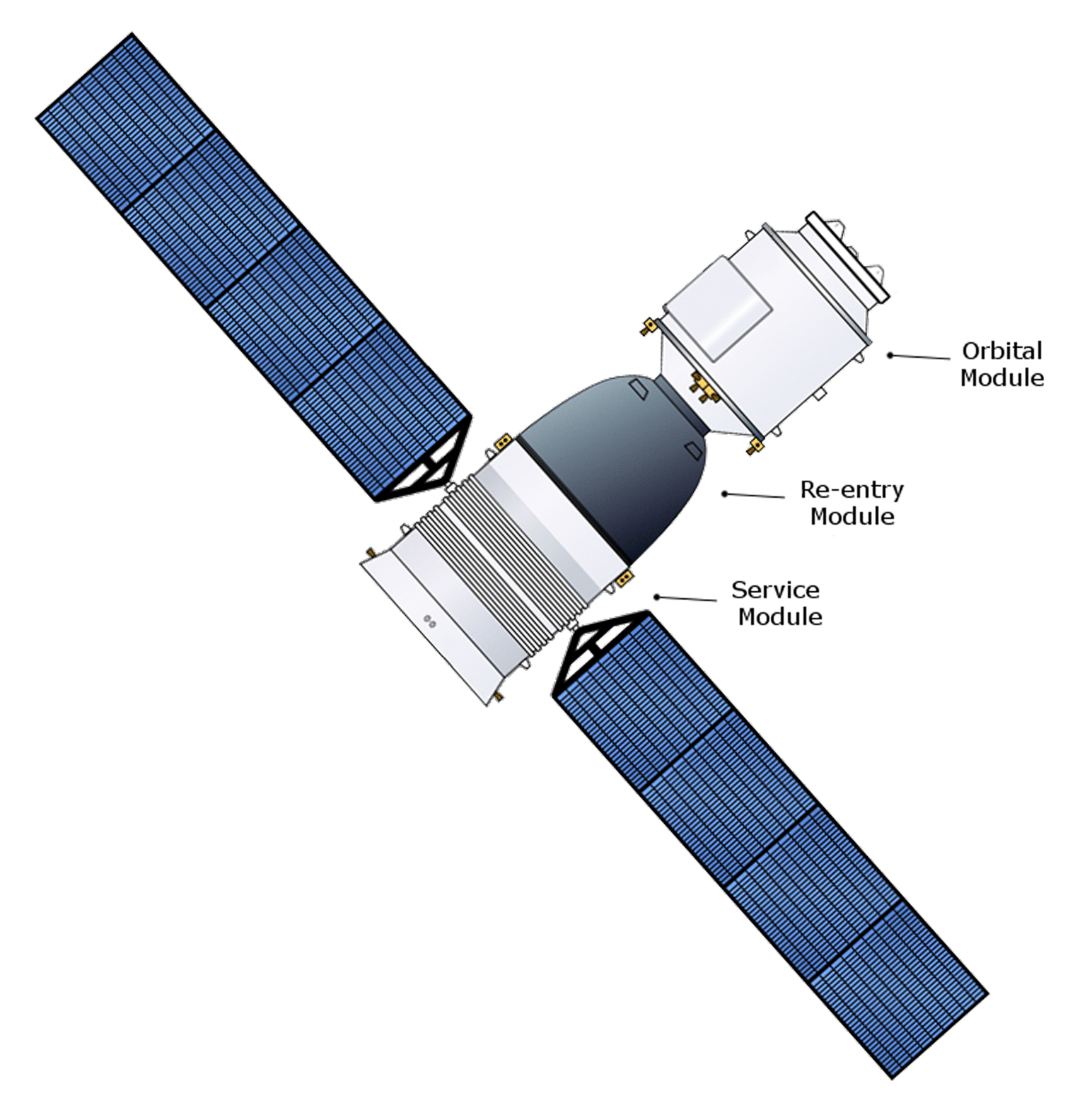 diagram of the spacecraft showing location of orbital module, re-entry module, service module